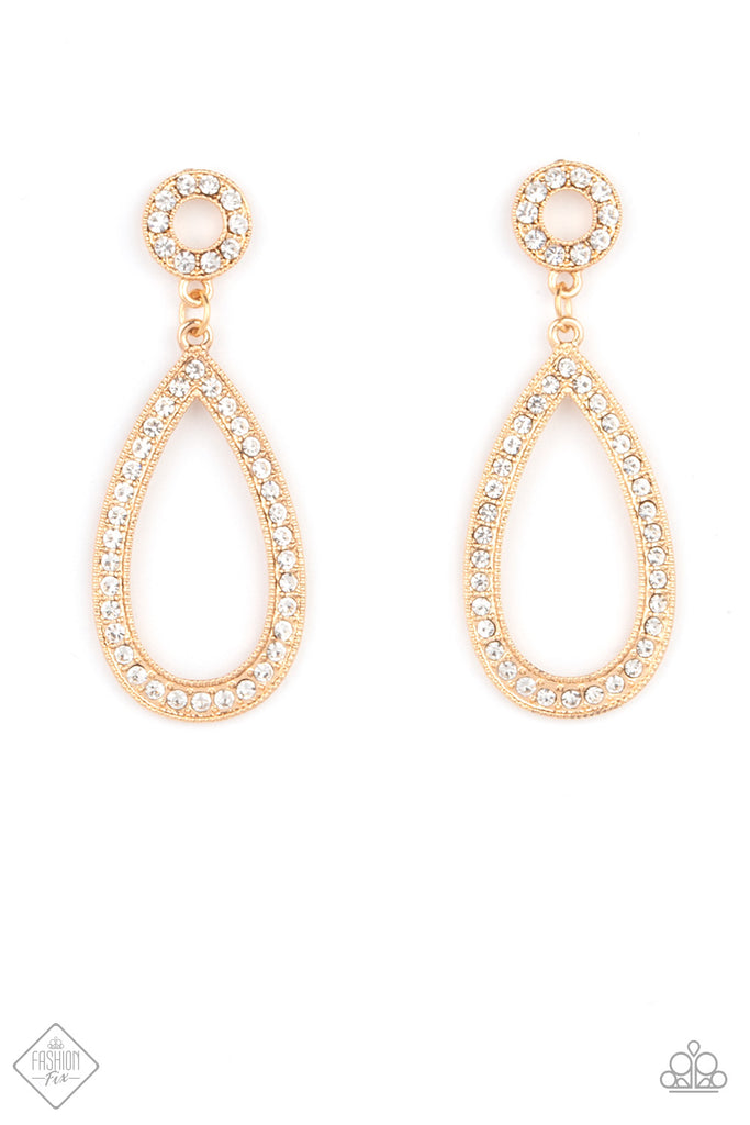 Regal Revival - Gold & White Rhinestone Earrings - April 2021 Fashion Fix - Paparazzi