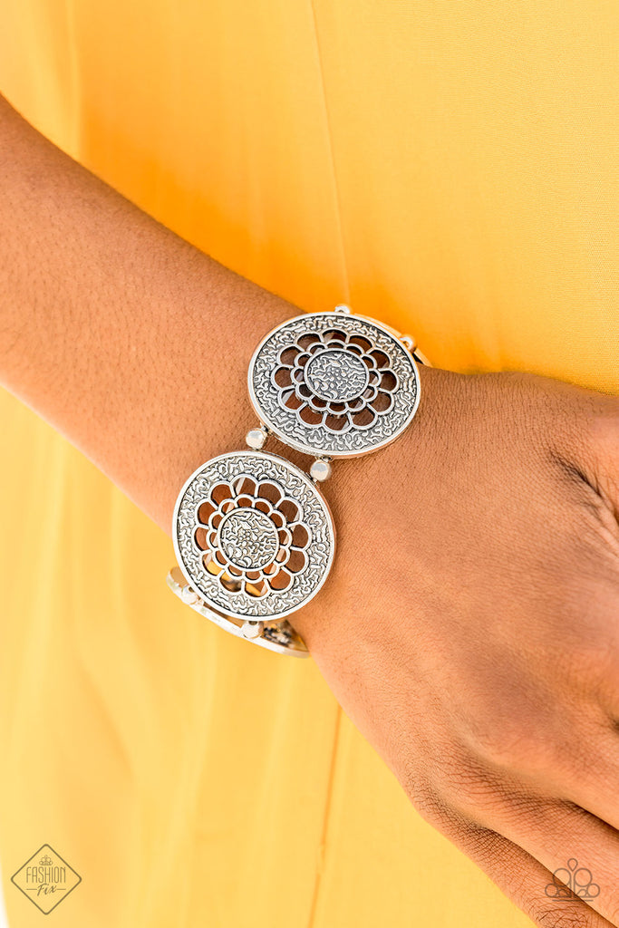 Marigold Medallions - Silver Floral Bracelet September 2019 Fashion Fix - Paparazzi Accessories - Chic Jewelry Boutique by Andrea