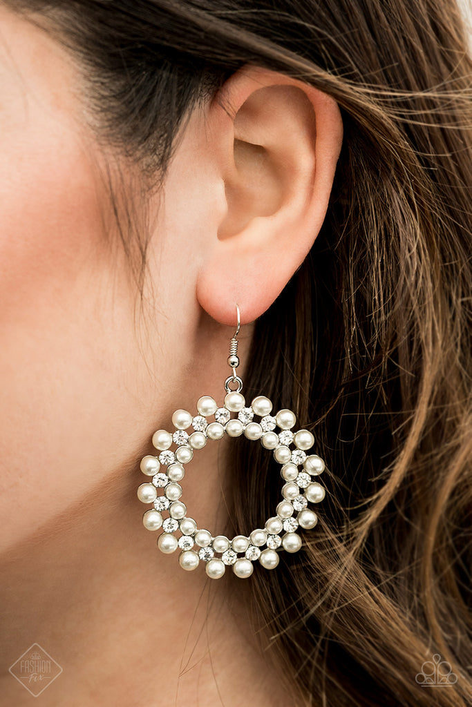 Pearly Poise - White Pearl & Rhinestone Earrings - April 2020 Fashion Fix - Paparazzi