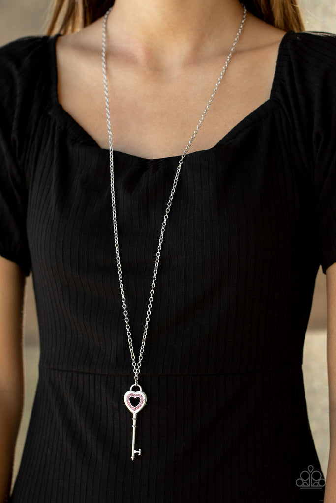 Unlock Your Heart - Pink Rhinestone Heart Key Necklace - Paparazzi