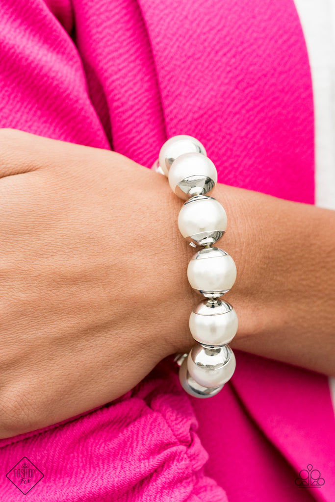 One Woman Show Stopper - White Pearl & Silver Bracelet - Paparazzi Accessories - Chic Jewelry Boutique by Andrea