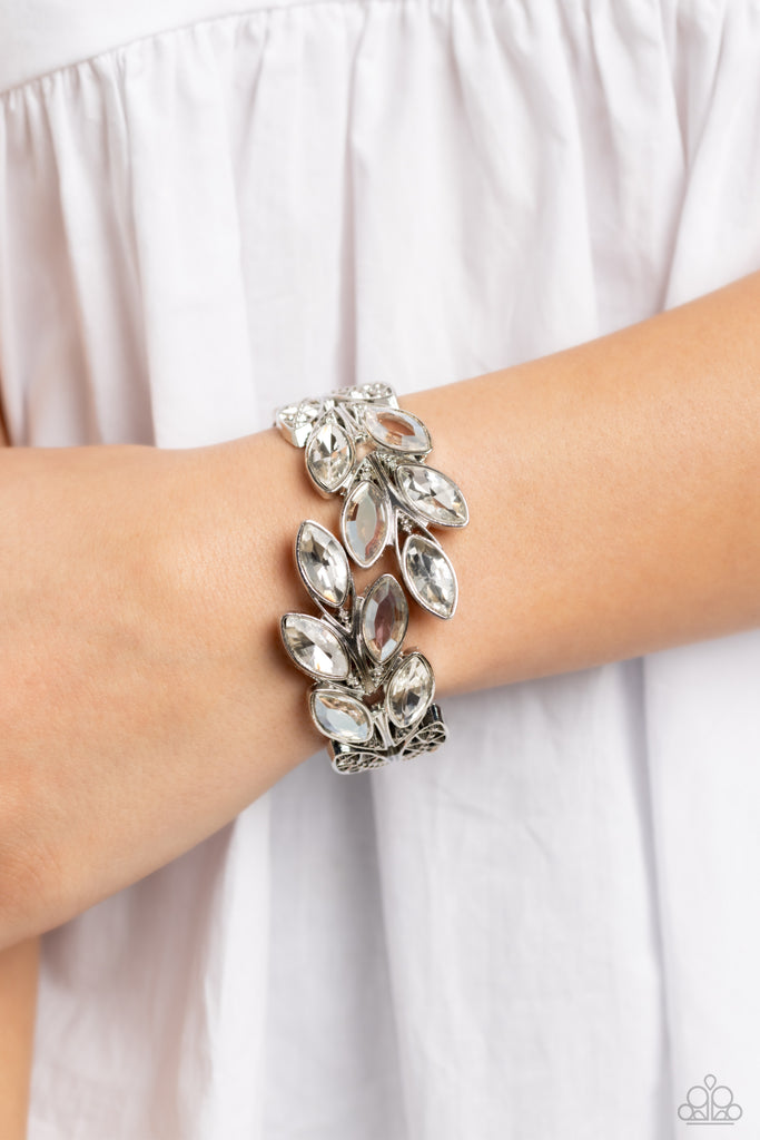 Luminous Laurels - White Rhinestone Bracelet - Chic Jewelry Boutique