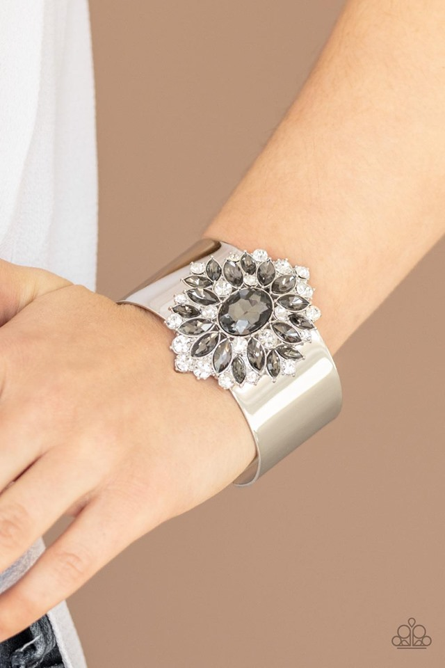 The Fashionmonger - Silver Smoky & White Rhinestone Cuff Bracelet - Paparazzi