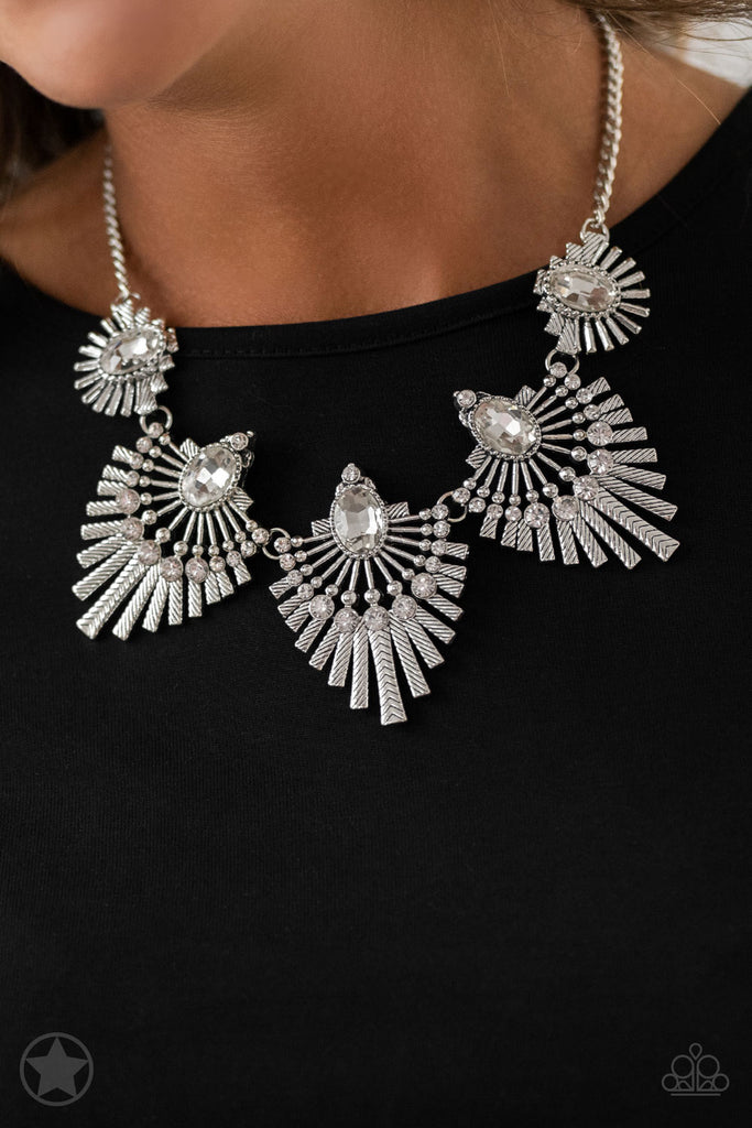 Miss YOU-niverse - Silver & White Rhinestone Blockbuster Necklace & Earring Set - Paparazzi Accessories - Chic Jewelry Boutique by Andrea