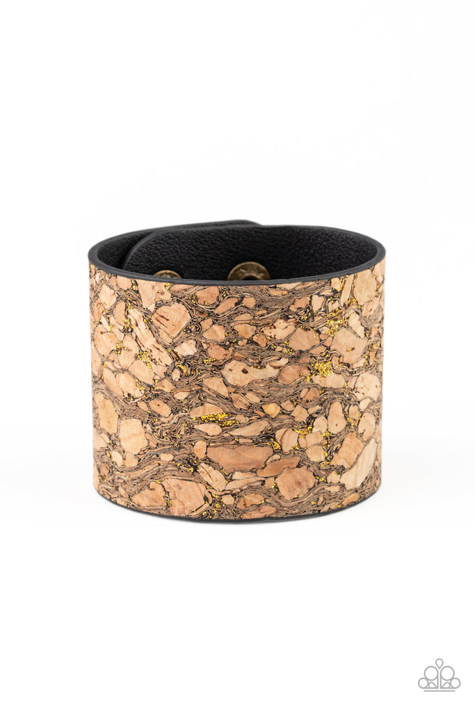 Cork Congo - Brass & Black Leather Cork Bracelet - Paparazzi