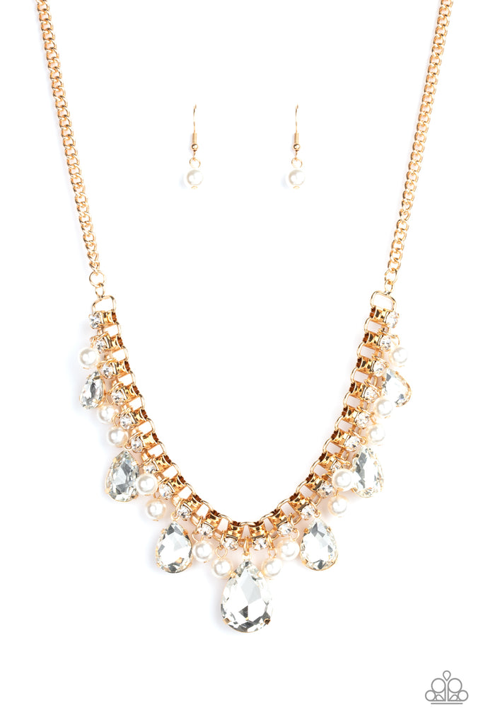 Knockout Queen - Gold, White Pearl & Rhinestone Necklace - Paparazzi 