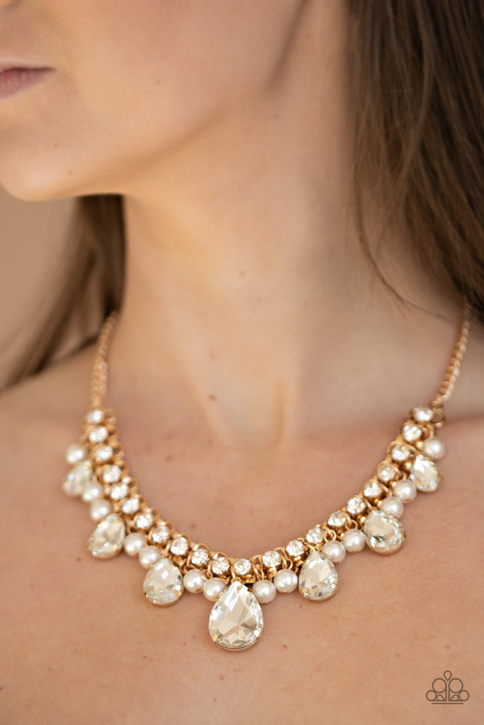 Knockout Queen - Gold, White Pearl & Rhinestone Necklace - Paparazzi 