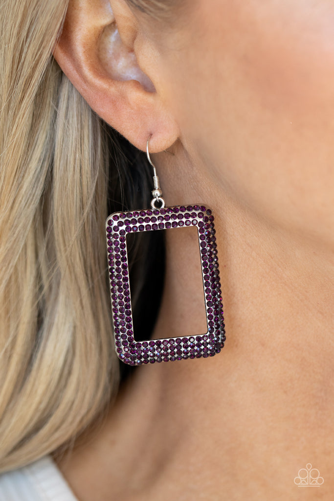 World FRAME-ous - Purple Rhinestone Earrings - Paparazzi