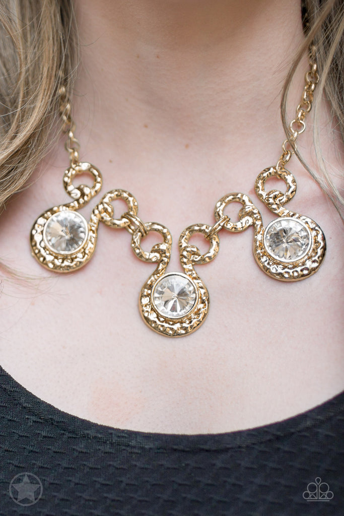 Hypnotized - Gold & Rhinestones Blockbuster Necklace & Earring Set - Paparazzi Accessories - Chic Jewelry Boutique by Andrea