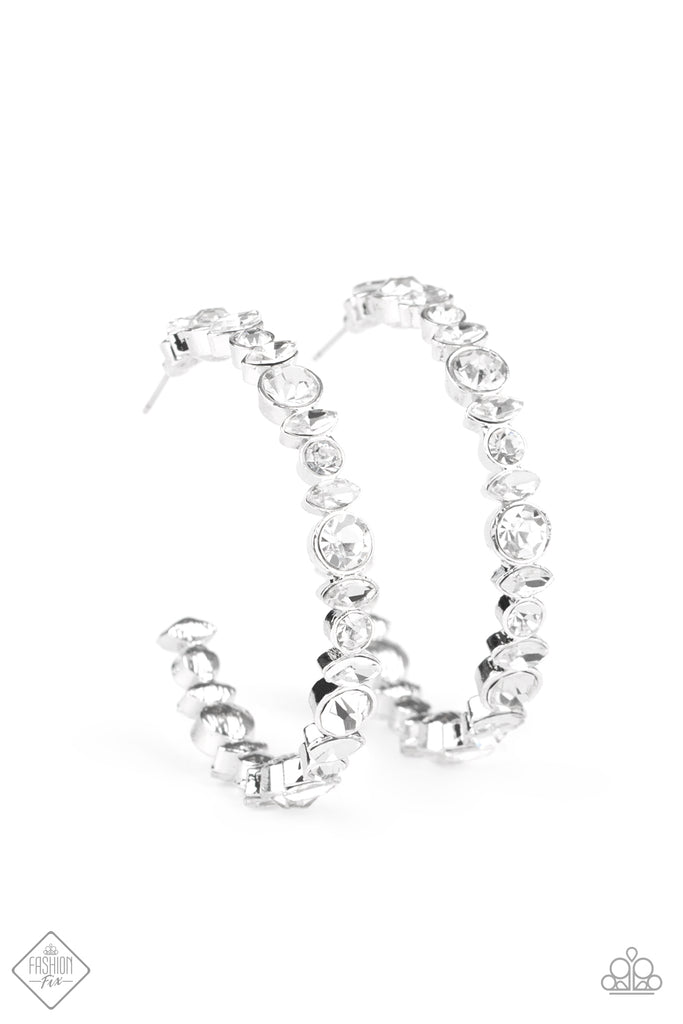 Can I Have Your Attention? - White Rhinestone Hoop Earrings - Fashion Fix September 2020 - Paparazzi