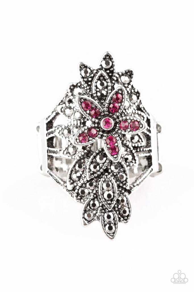 Formal Floral - Pink & Hematite Rhinestone Ring - Paparazzi