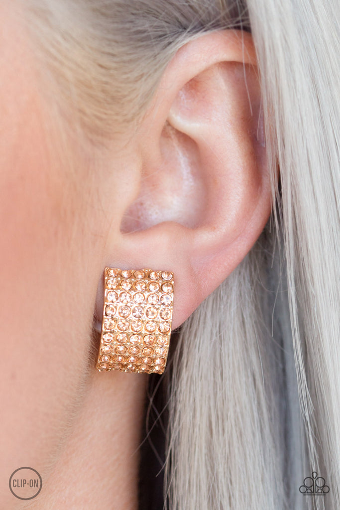 Hollywood Hotshot - Gold & Peach Rhinestone Clip-On Earrings - Paparazzi