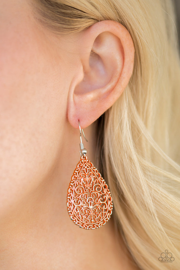 Indie Idol - Orange Filigree Teardrop Earrings - Paparazzi Accessories - Chic Jewelry Boutique by Andrea