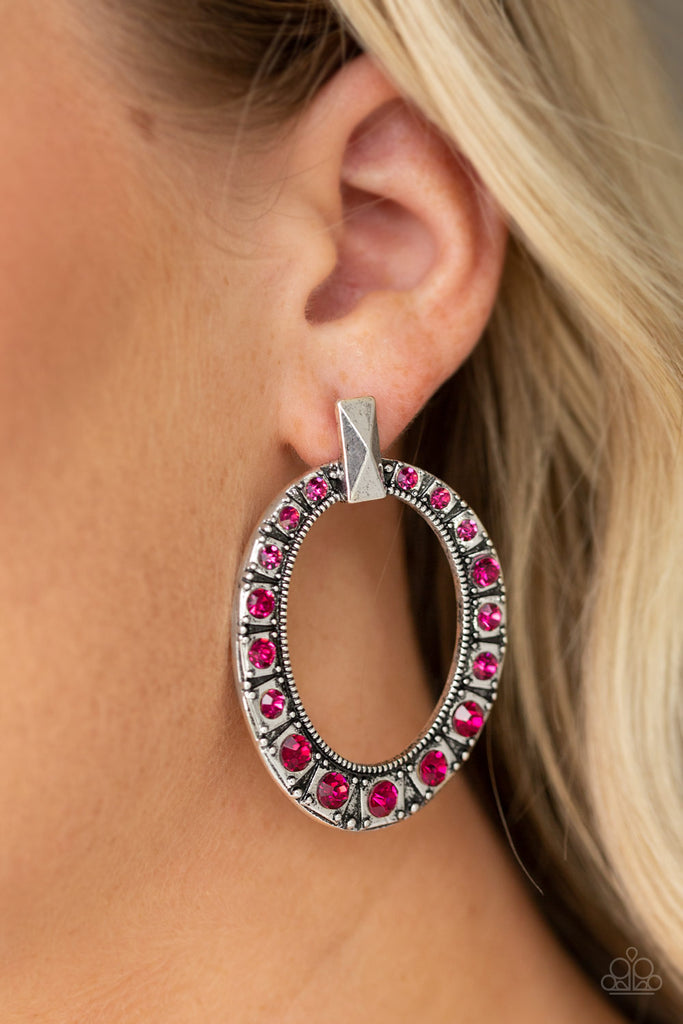All For GLOW - Pink Rhinestone Earrings - Paparazzi