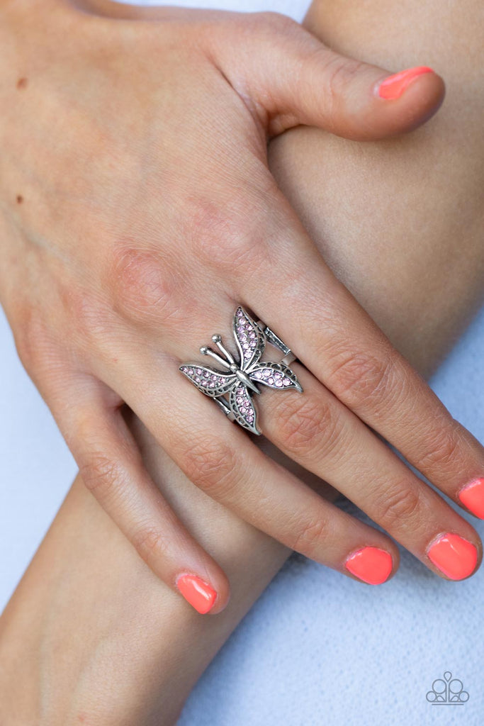 Blinged Out Butterfly - Pink Rhinestone Ring - Paparazzi