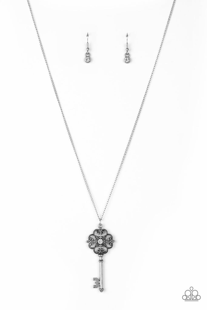 Got It On Lock - White Rhinestone Key Necklace - Inspirational Jewelry - Paparazzi jewelry images