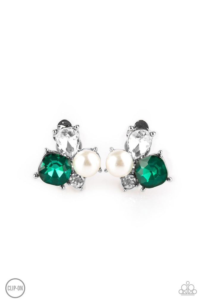 Highly High-Class - Green & White Rhinestone Pearl Earrings - Paparazzi