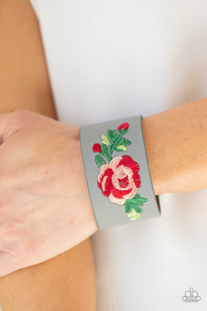 Rebel Rose - Silver Embroidered Rose Bracelet - Paparazzi