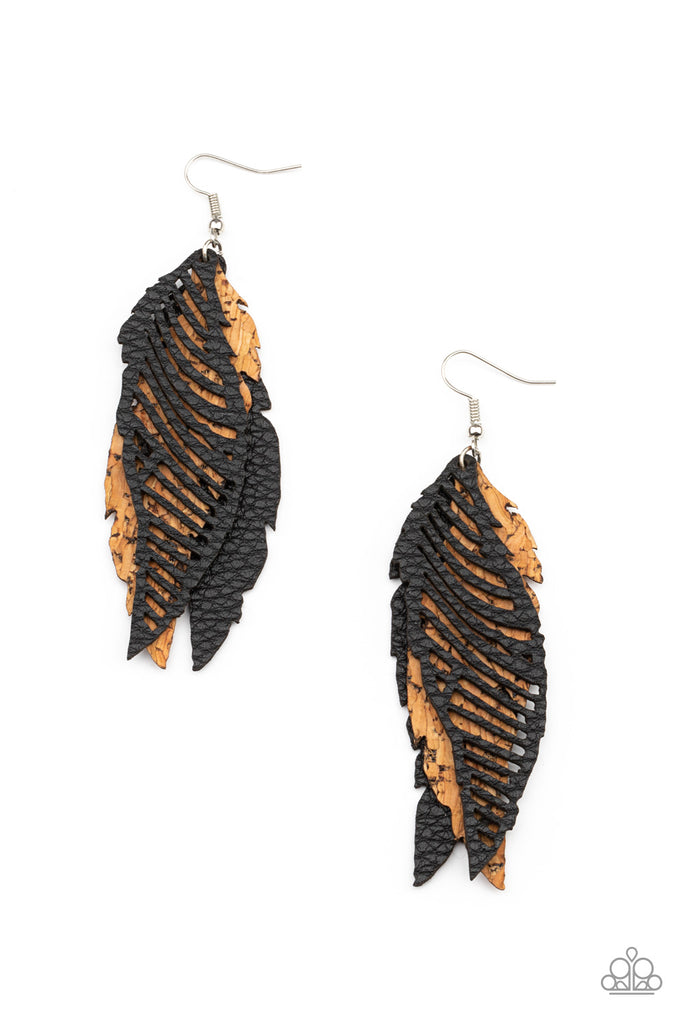 WINGING Off The Hook - Black & Cork Feather Earrings - Paparazzi
