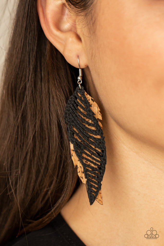 WINGING Off The Hook - Black & Cork Feather Earrings - Paparazzi