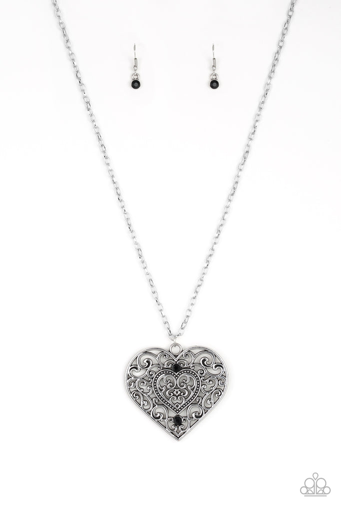 Classic Casanova - Black Rhinestone Filigree Heart Necklace & Earring Set - Paparazzi Accessories - Chic Jewelry Boutique by Andrea
