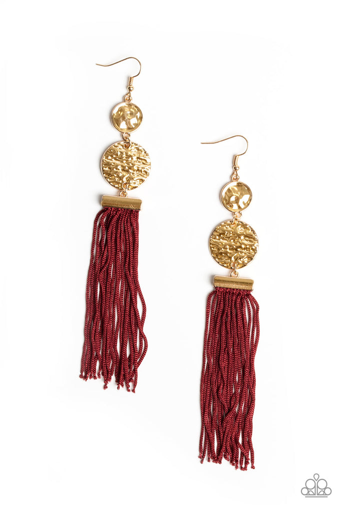 Lotus Gardens - Biking Red & Gold Fringe Earrings - Paparazzi Accessories - Chic Jewelry Boutique by Andrea