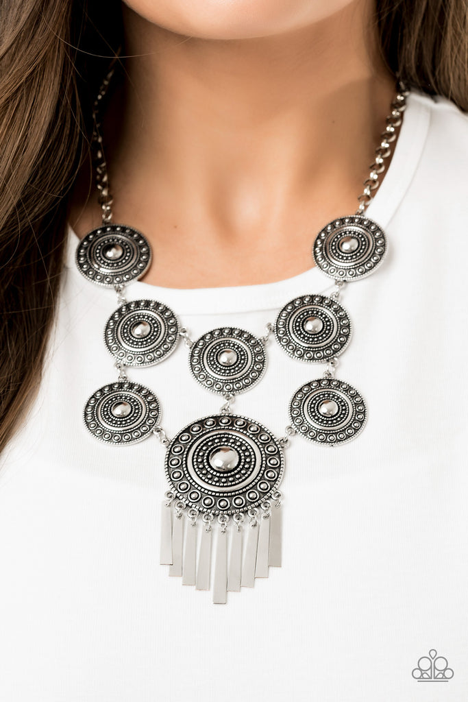 Modern Medalist - Silver Tribal Necklace & Earring Set - 2019 Convention Collection - Paparazzi Accessories - Chic Jewelry Boutique by Andrea