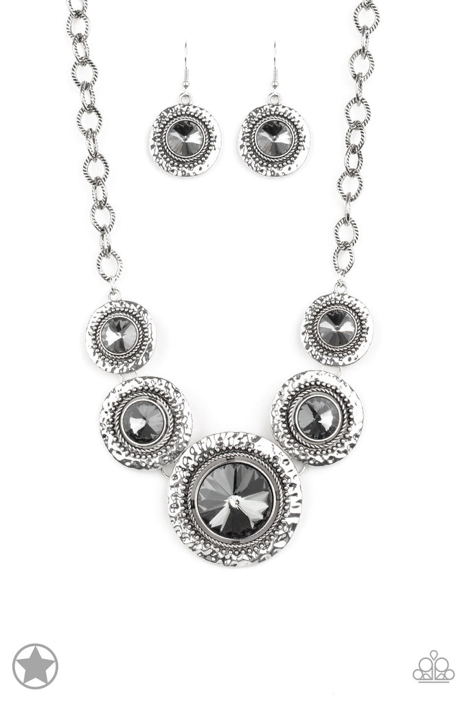 Global Glamour - Silver Hammered Smoky Rhinestone Blockbuster Necklace & Earring Set - Paparazzi Accessories - Chic Jewelry Boutique by Andrea