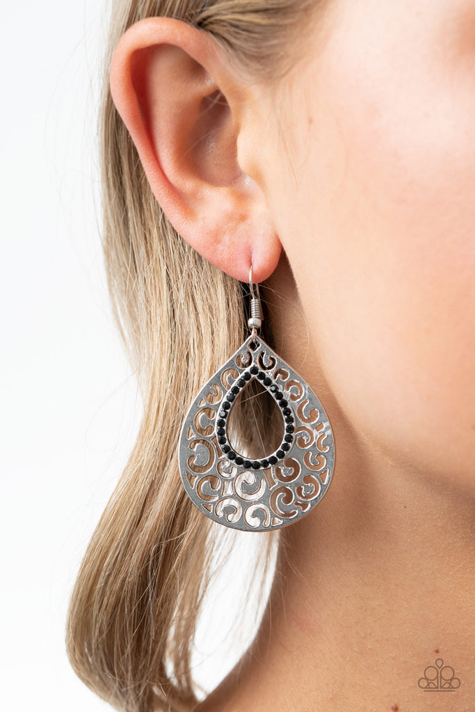 Airy Applique - Black Rhinestone Earrings - Paparazzi