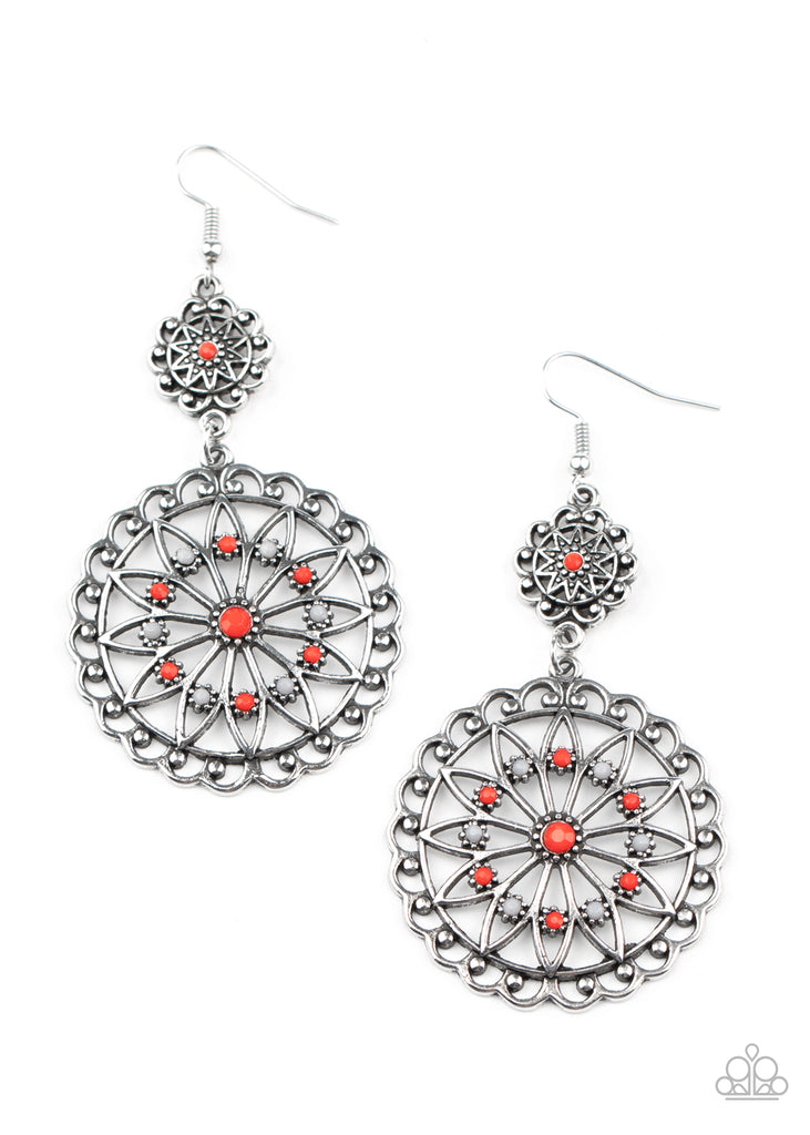 Beaded Brilliance - Red & Gray Floral Earrings - Paparazzi