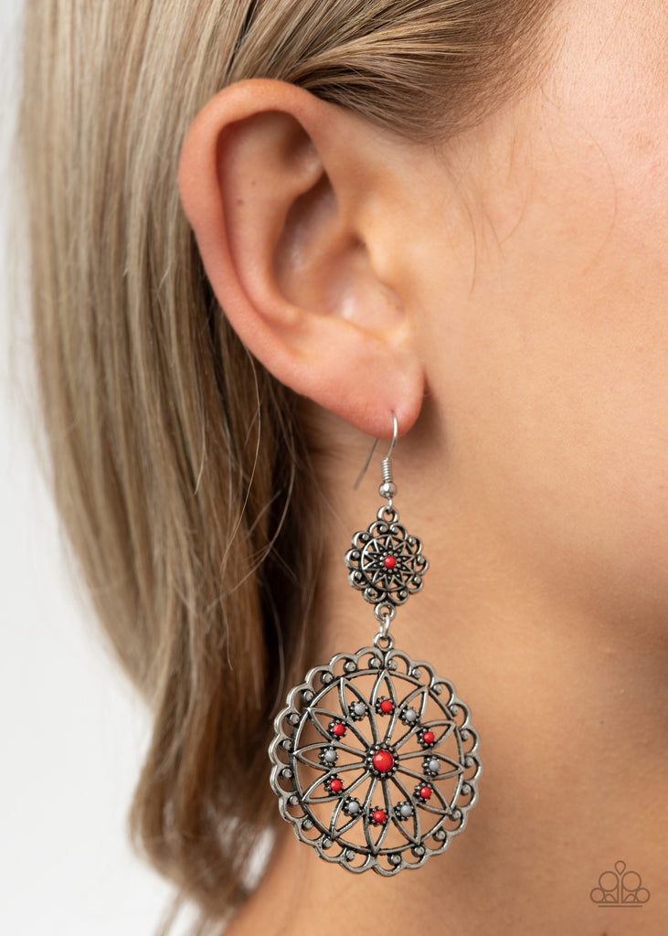 Beaded Brilliance - Red & Gray Floral Earrings - Paparazzi