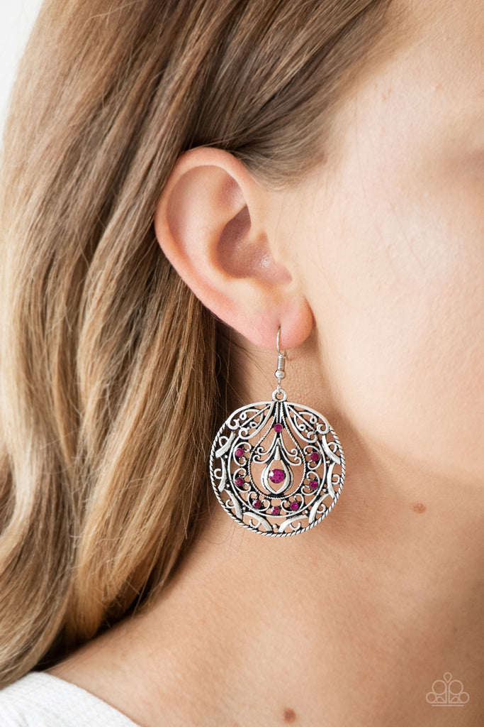 Choose To Sparkle - Pink Rhinestone Filigree Earrings - Paparazzi