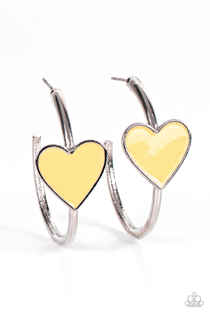 Kiss Up - Yellow & Silver Heart Hoop Earrings - Paparazzi