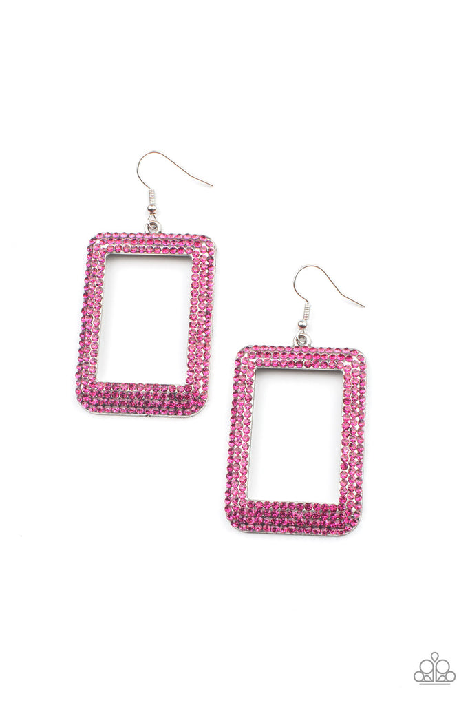 World FRAME-ous - Pink Rhinestone Earrings - Paparazzi