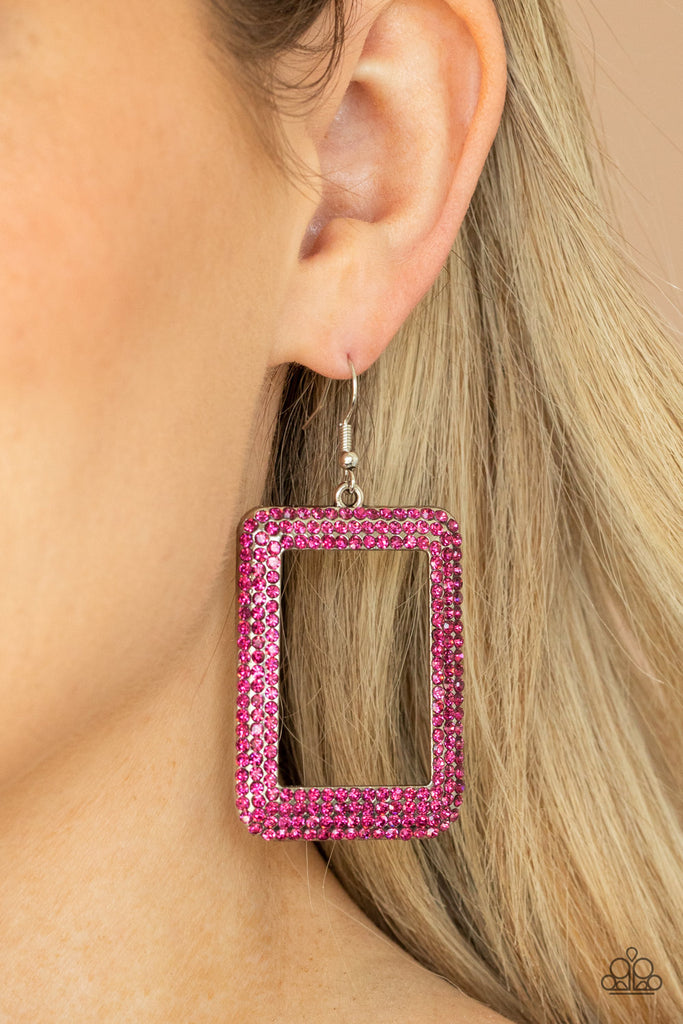 World FRAME-ous - Pink Rhinestone Earrings - Paparazzi