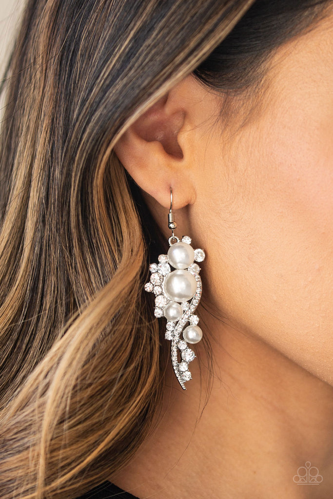 High End Elegance - White Pearl & Rhinestone Earrings - Empower Me Pink 2020 - Paparazzi Accessories