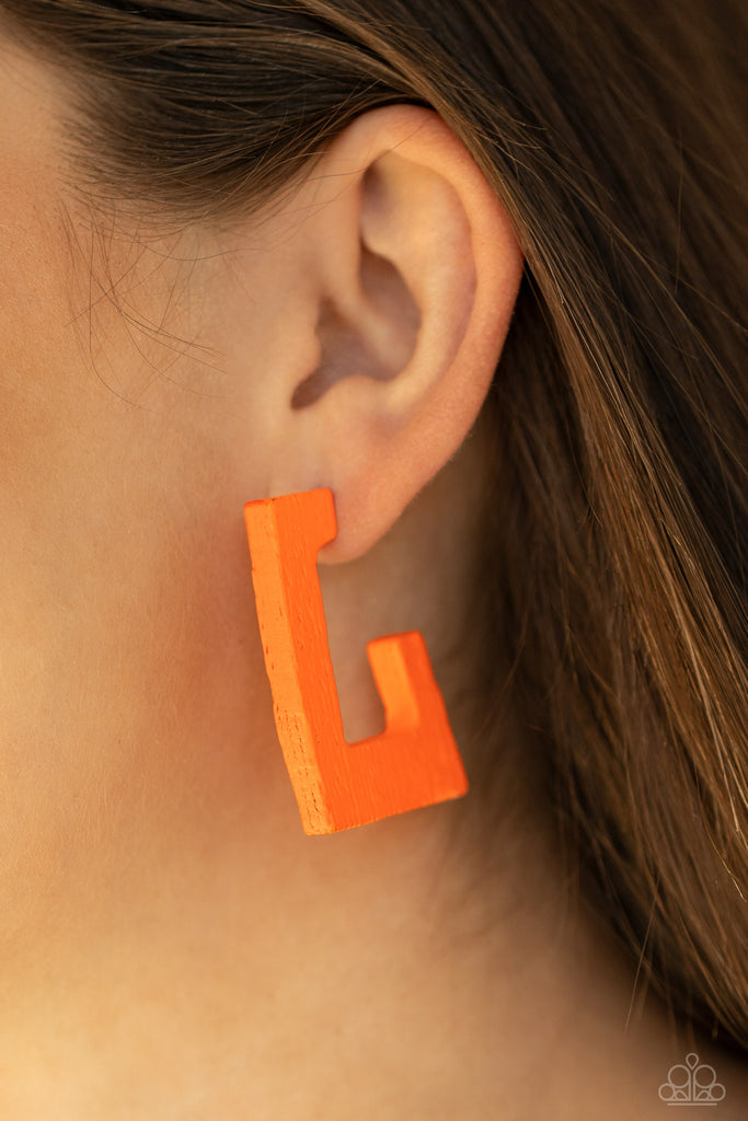 The Girl Next OUTDOOR - Neon Orange Wood Earrings - Paparazzi