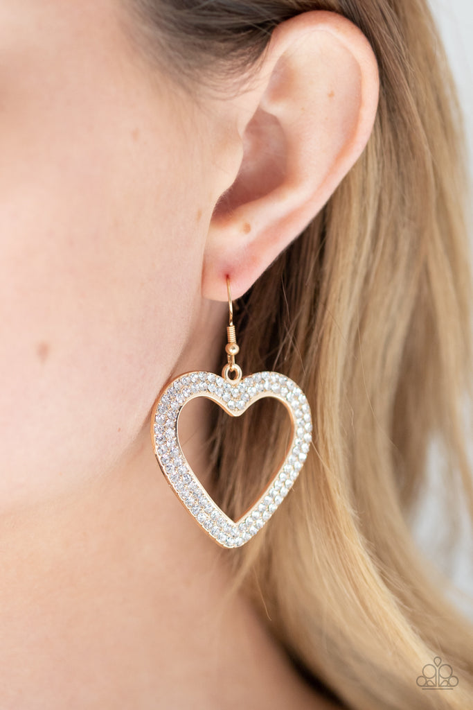 GLISTEN To Your Heart - Gold & White Rhinestone Heart Earrings - Paparazzi