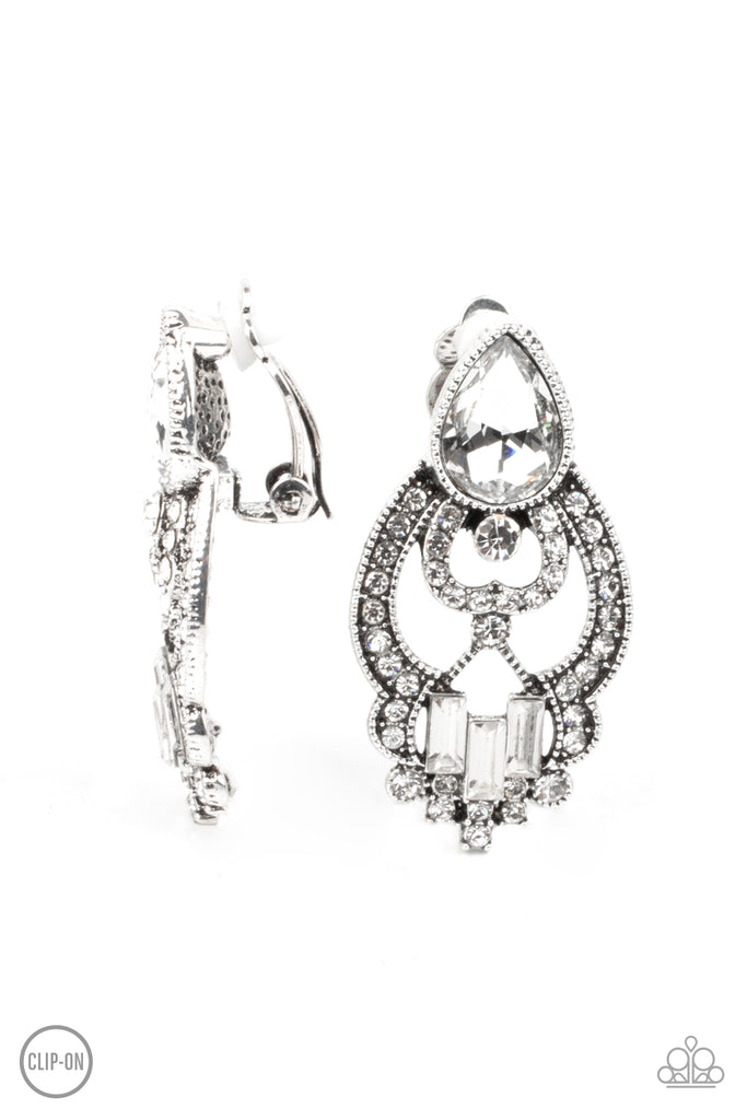 Glamour Gauntlet - White Rhinestone Clip-On Earrings - Paparazzi