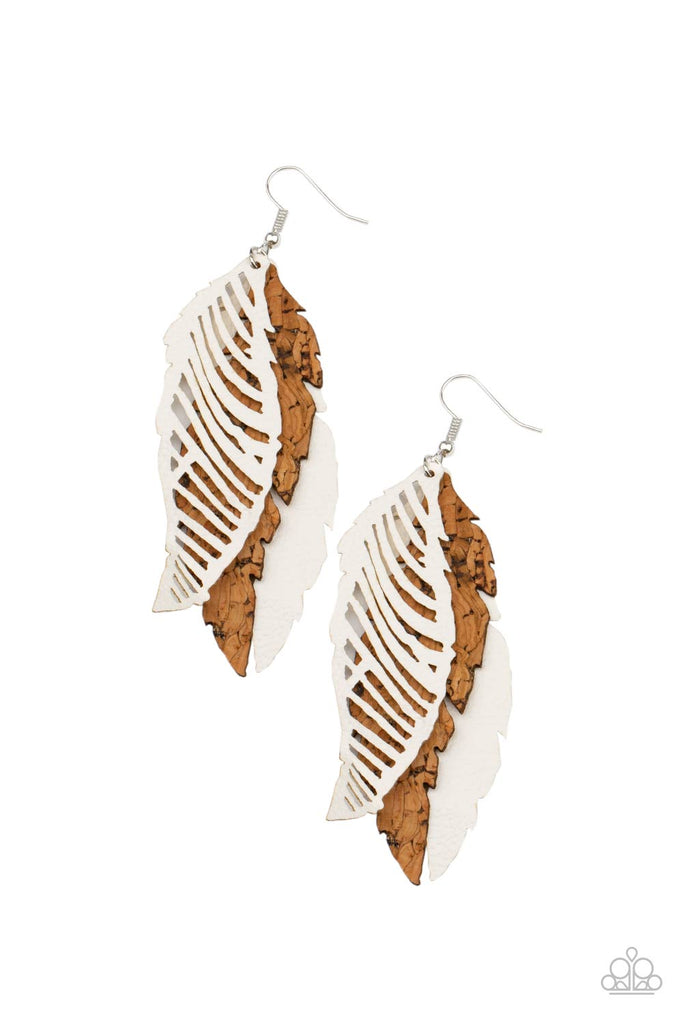 WINGING Off The Hook - White Leather & Cork Feather Earrings - Paparazzi