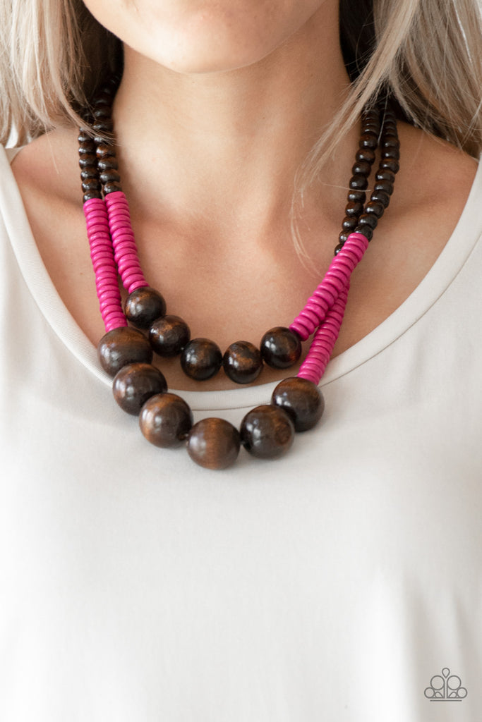Cancun Cast Away - Pink & Brown Wood Necklace - Paparazzi