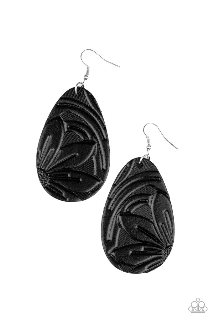 Garden Therapy - Black Stamped & Embossed Leather Earrings - Paparazzi