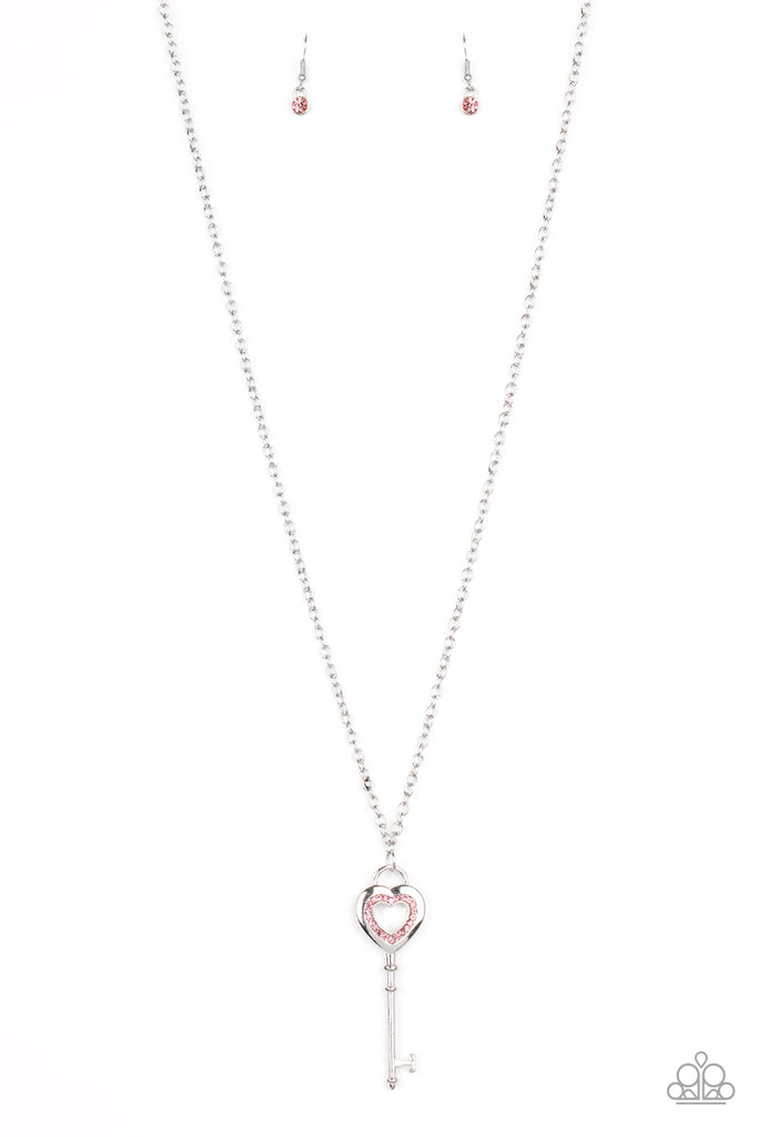 Unlock Your Heart - Pink Rhinestone Heart Key Necklace - Paparazzi