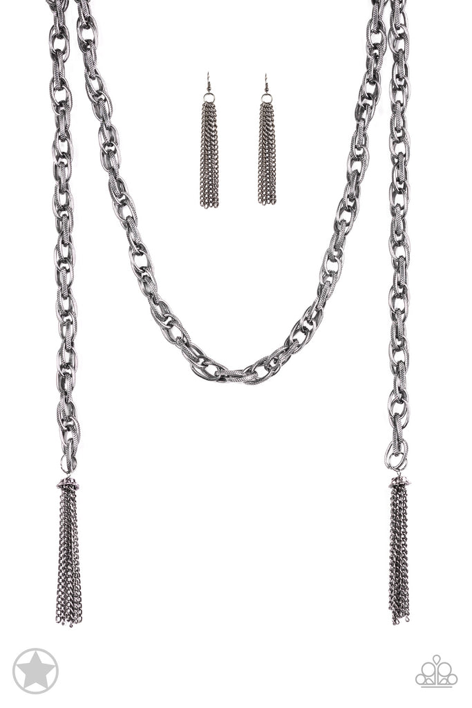 SCARFed for Attention - Gunmetal Necklace - Paparazzi Accessories jewelry is always lead free and nickel free. Buy 12 pieces of jewelry, Get 13th FREE.