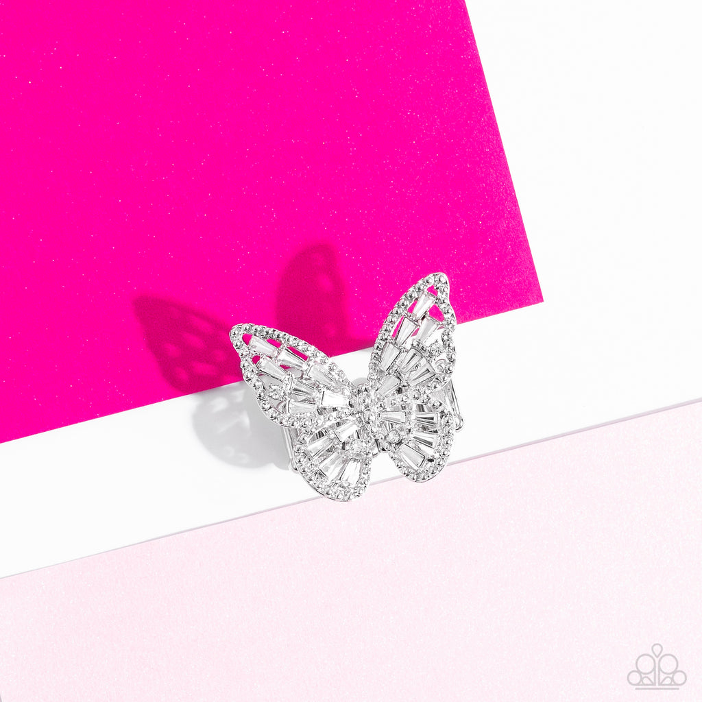 Bright-Eyed Butterfly - White Butterfly Ring - Paparazzi