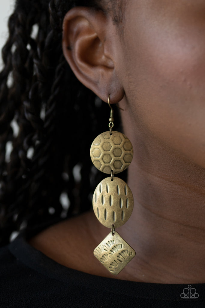 Mixed Movement - Brass Mismatched Texture Earrings - Paparazzi