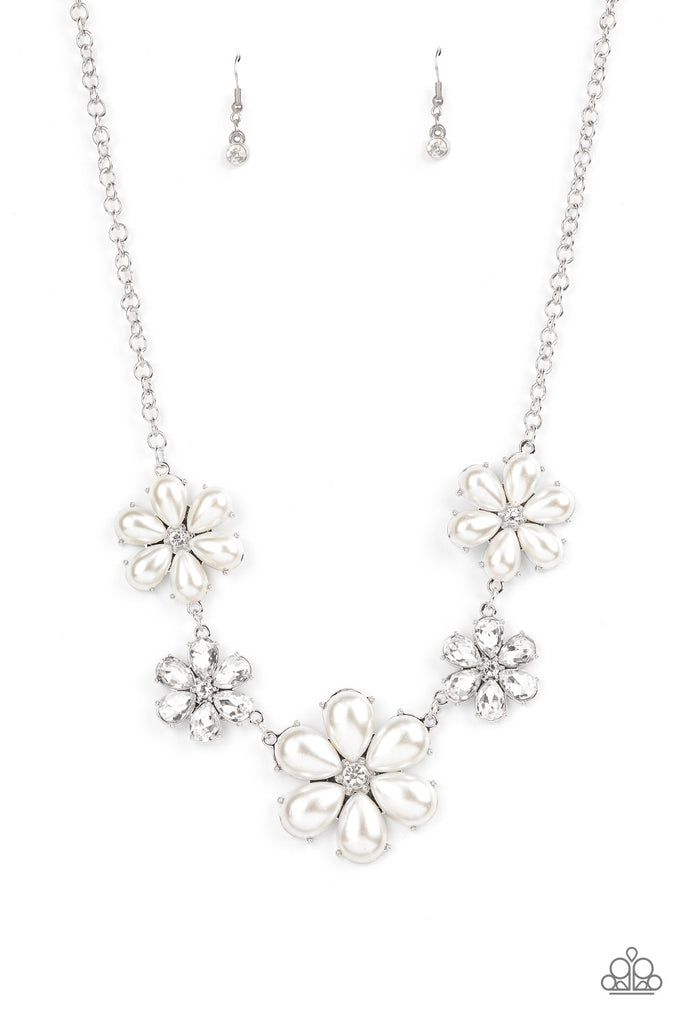 Fiercely Flowering - White Flower Necklace - Life Of The Party December 2021 - Paparazzi