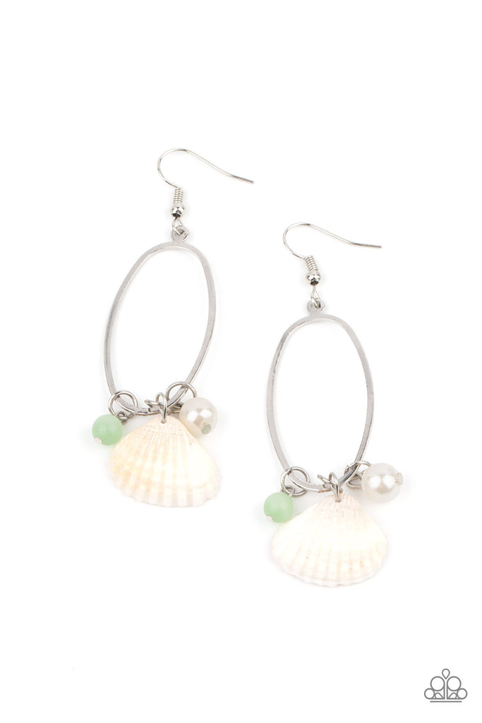 This Too SHELL Pass - Green & White Sea Shell Earrings - Paparazzi