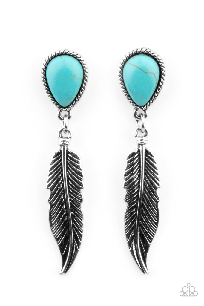 Totally Tran-QUILL - Blue Turquoise Teardrop Feather Earrings - Paparazzi