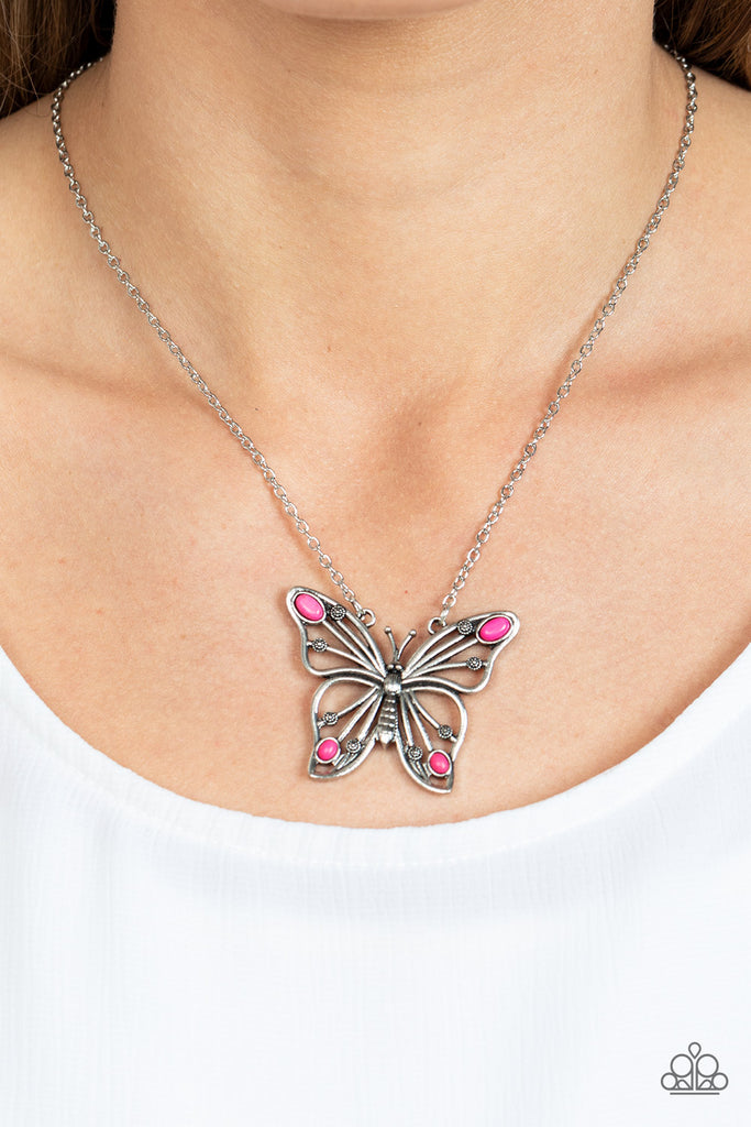 Badlands Butterfly - Pink Stone Butterfly Necklace - Paparazzi